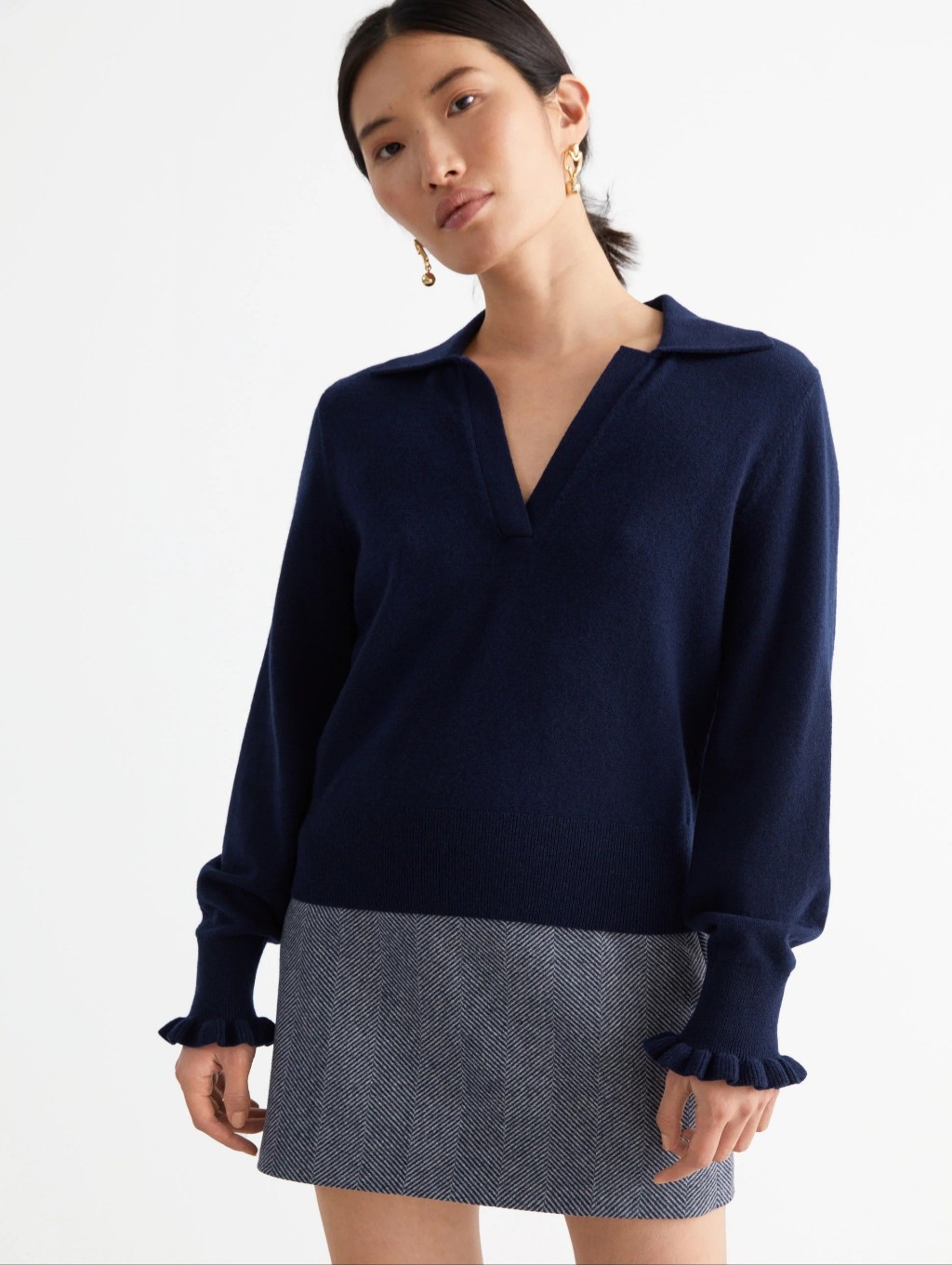 & Other Stories Ruffled Wool Knit Polo Sweater (Navy, Size Xs)